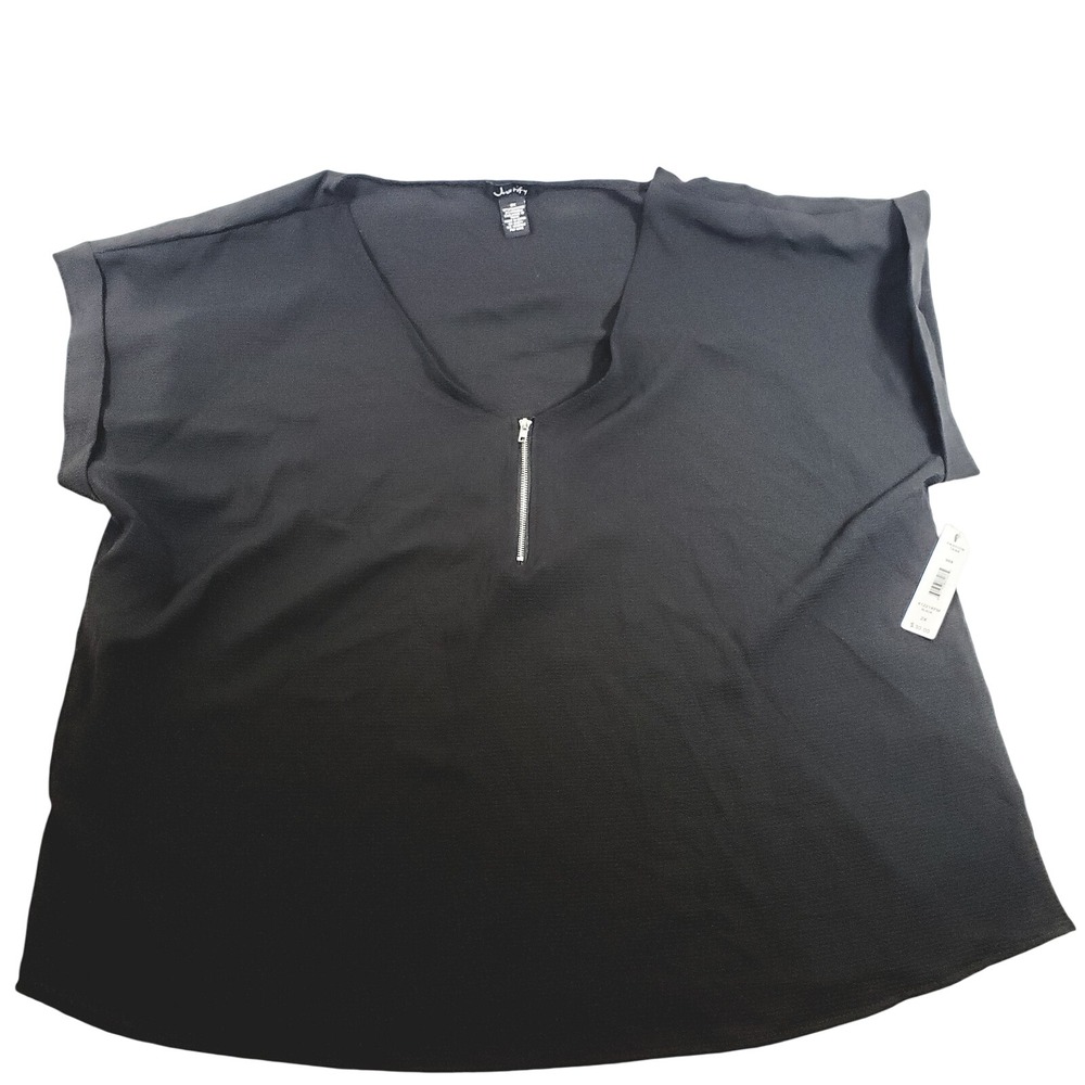 Justify Womens Plus 2X Black Half Zip V-Neck Short Sleeve Blouse NWT 41221XFM